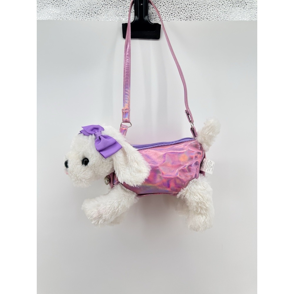 White Plush Dog Stuffed Animal Purse 12" Pink Cross Body Purple Bow Heart Collar